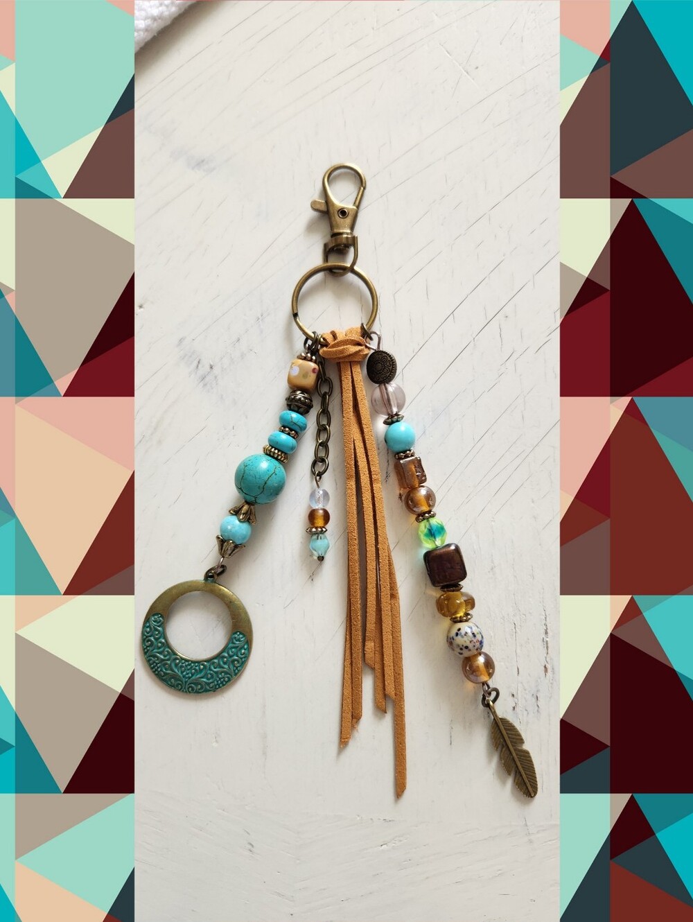 Handmade Boho Turquoise Bead & Tan Leather Tassel Keychain